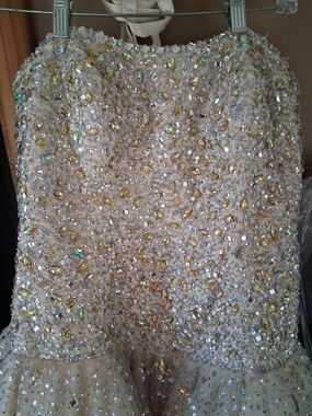Vintage Mori Lee Champagne Beaded Strapless Prom Dress